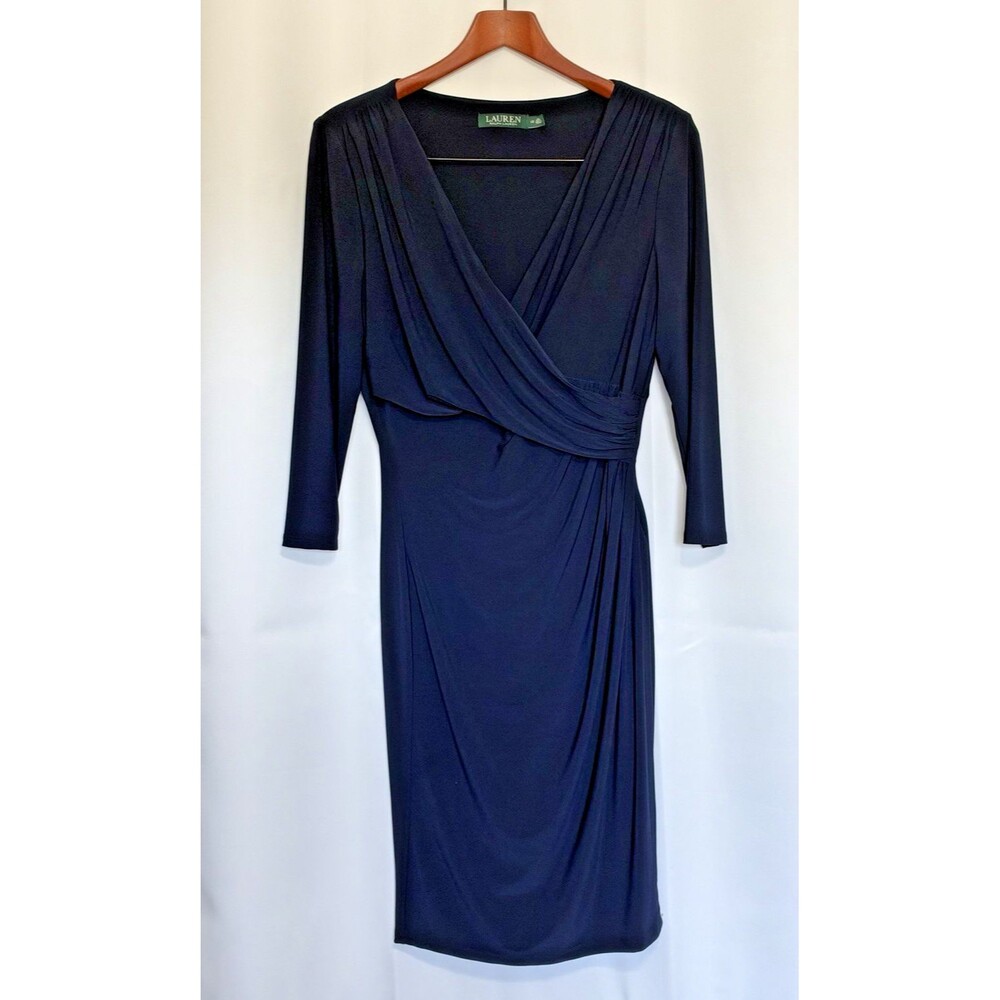 Lauren Ralph Lauren Fit and Flare Dress Surplice Neck Wrap Navy 12